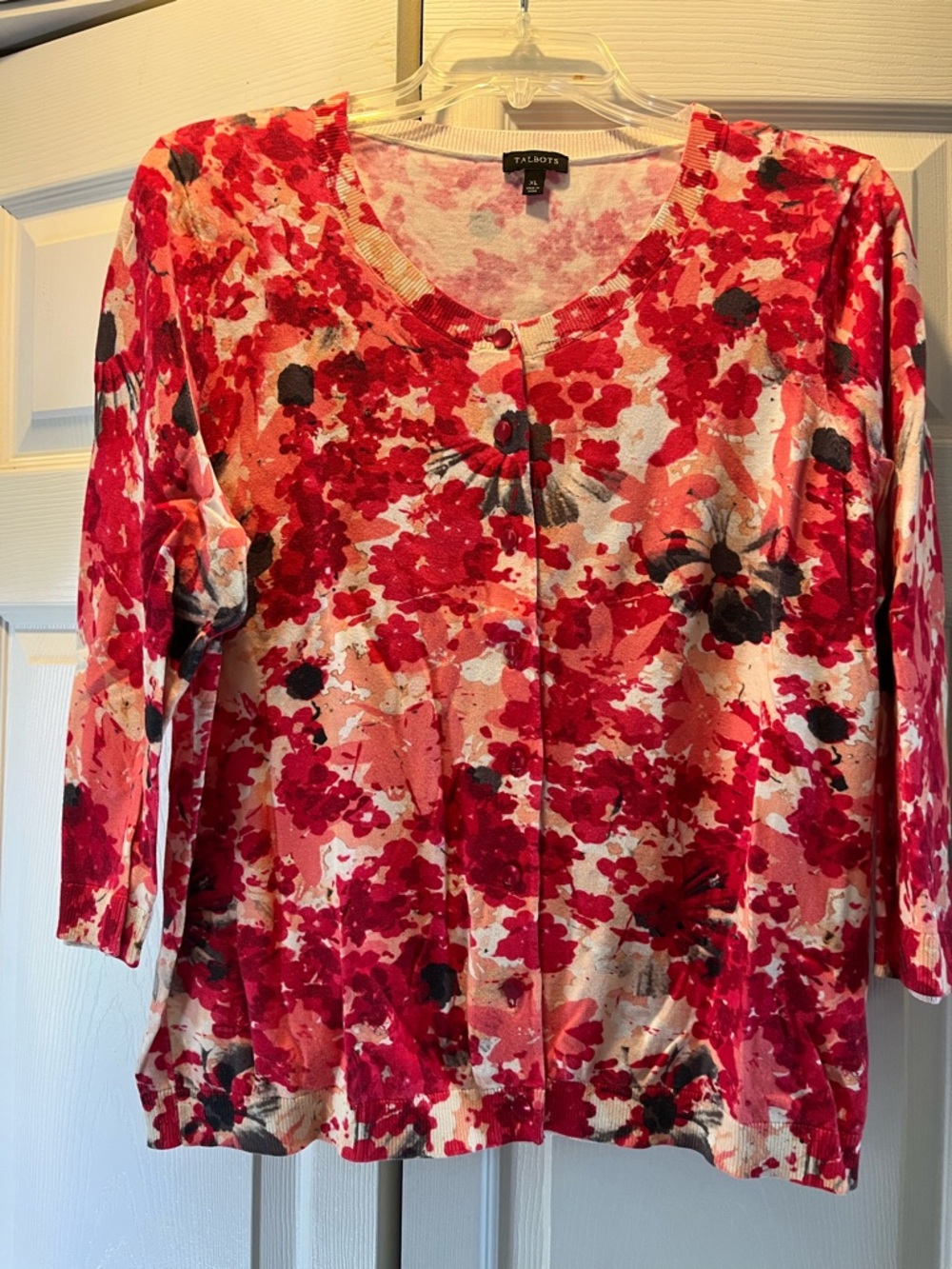 Talbots Red and Pink Floral Three Quarter Sleeve Cardigan